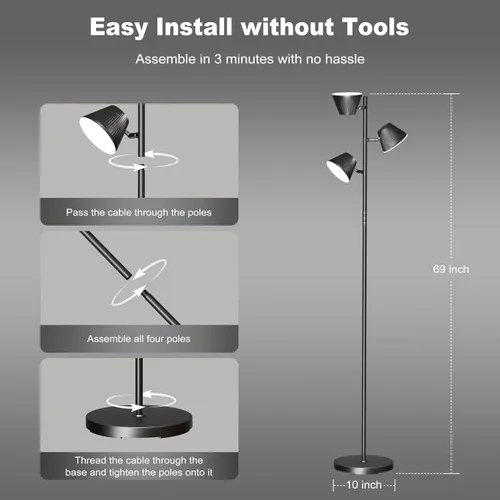 Miniatura 7 de Lámpara de pie LED de árbol de 42 W, 4200 lúmenes, lámparas de pie súper brillantes para sala de estar con control remoto y táctil, 3 luces Negro