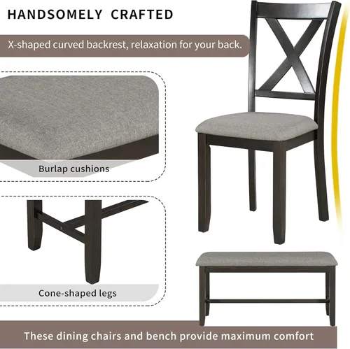 Miniatura 6 de LUMISOL Juego de mesa de comedor de 6 piezas, mesa de comedor rectangular de 60 pulgadas con sillas tapizadas y banco, juego de mesa de cocina