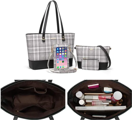 Miniatura 130 de Juego de 4 bolsas modernos para mujer de cuero sintético: bolso tote, bolso de hombro, bolso de mano y cartera.