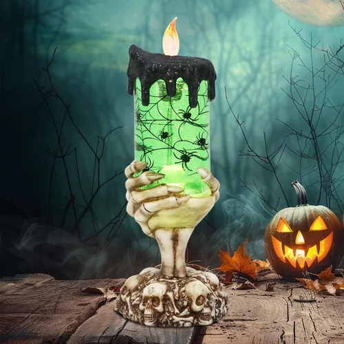 Miniatura 12 de Vela sin llama de Halloween, globo de nieve, funciona con pilas con temporizador de 6 horas, calcomanía de murciélago de luz amarilla, lámpara