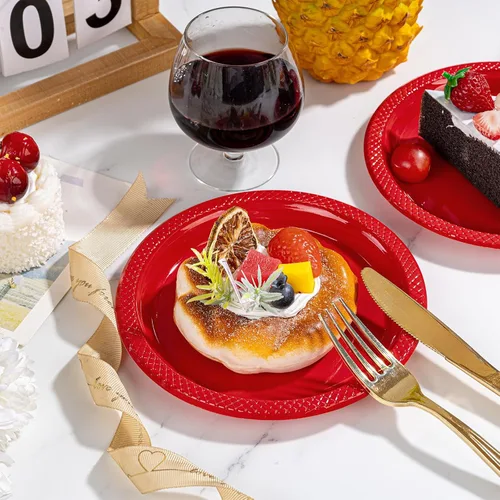 Miniatura 3 de WELLIFE Platos de plástico rojos de 7 pulgadas, 50 platos desechables para fiesta, día de la madre, plato pequeño de postre para cena, pasteles