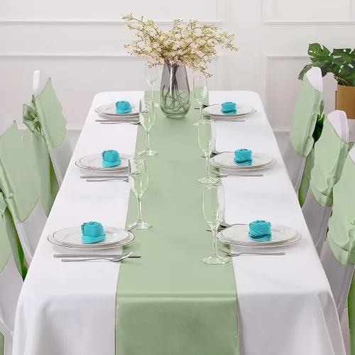 Miniatura 2 de Horbaunal Juego de 24 Caminos de Mesa de Satén Verde Salvia de 12 x 108 Pulgadas, Caminos de Mesa Suaves para Bodas, Banquetes y Fiestas