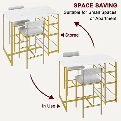 Miniatura 8 de CABIHOME Juego de mesa de comedor para 2, mesa de cocina y sillas tapizadas de terciopelo para 2, juego de mesa de bar de altura de mostrador de 3