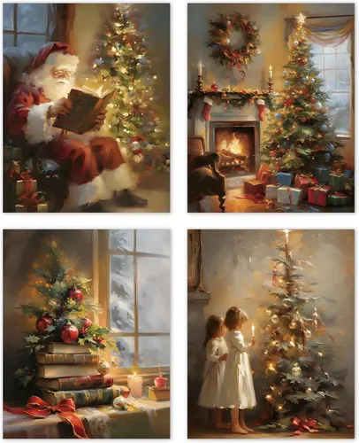 TLESKE Carteles de Navidad de Invierno Vintage Impresiones Sin Marco Set de 4, Impresiones Artísticas de Árbol de Navidad Rústico para Decoración de