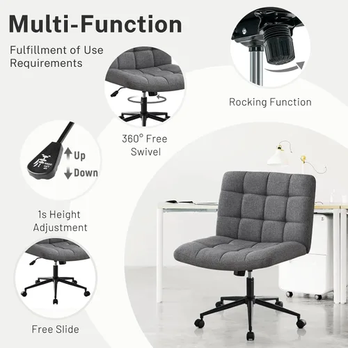 Miniatura 5 de Furniliving Silla de escritorio de oficina sin brazos, silla giratoria acolchada de tela de lino, silla de oficina ajustable en casa con ruedas