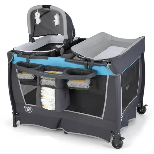 Miniatura 11 de BABY JOY 4 en 1 Pack and Play, corralito portátil para bebé con moisés y mesa cambiadora de pañales, moisés infantil centro de actividades para cuna