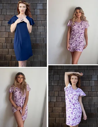 Miniatura 3 de Ekouaer Paquete de 2 camisones para mujer, manga corta, cuello en V, ropa de dormir, lisoestampado floral