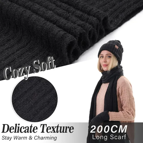 Miniatura 4 de Womens Winter Warm Beanie Hat Touchscreen Gloves Long Scarf Set Rib Cable Knit Fleece Lined Skull Pom Caps
