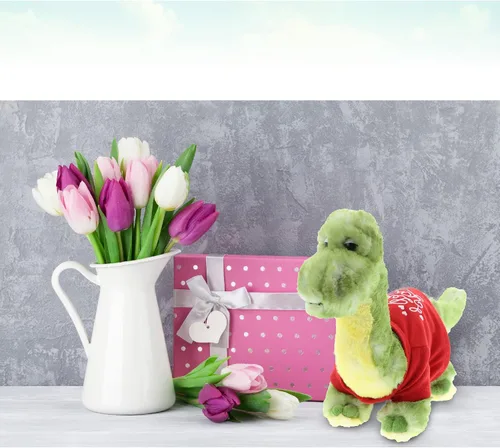 Miniatura 6 de DolliBu Peluche de dinosaurio verde I Love You, lindo animal de peluche con camisa roja y nombre personalizado para San Valentín, 10 pulgadas