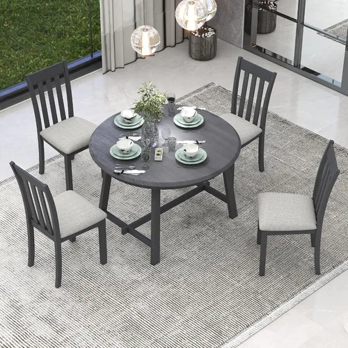 Miniatura 2 de Harper & Bright Designs Juego de mesa de comedor de madera de 5 piezas, mesa de comedor redonda extensible con 4 sillas de comedor, juego de cocina
