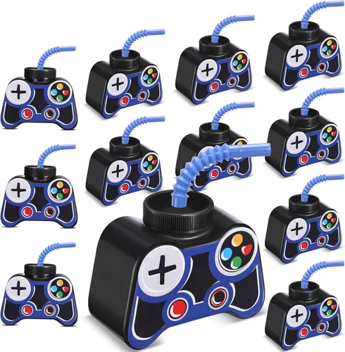 Mifoci Vasos de plástico para fiestas de videojuegos, 12 unidades, con popote y tapa, 10 onzas, tazas temáticas de cumpleaños para jugadores,