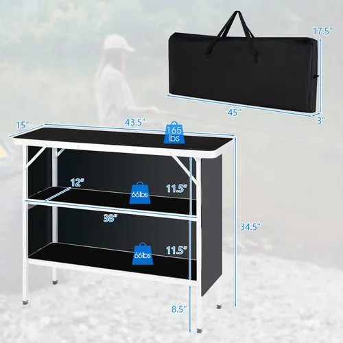 Miniatura 3 de HAPPYGRILL Mesa de campamento plegable con almacenamiento, mesa de picnic de aluminio con estantes de 2 niveles, mesa grande, bolsa de transporte