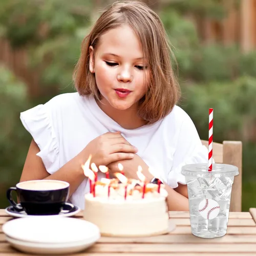 Miniatura 5 de Whaline 50 piezas de vasos de plástico desechables de béisbol con tapas y popotes, vasos rojos y blancos de pelota, vasos para bebidas frías