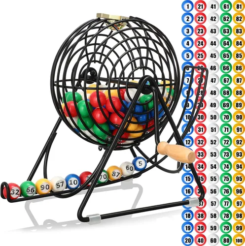 Poen Juego de Lotería Bingo de 101 Piezas Incluye Jaula de 12 Pulgadas Números 1-100 Pelotas de Ventana de 0.9 Pulgadas Rifa para Noche de Juegos,