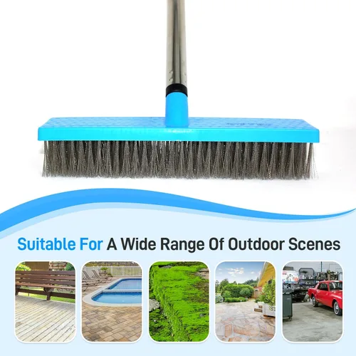 Miniatura 5 de Escoba de alambre de acero inoxidable con mango largo resistente de 55 pulgadas de longitud ajustable, escoba de acero inoxidable al aire libre