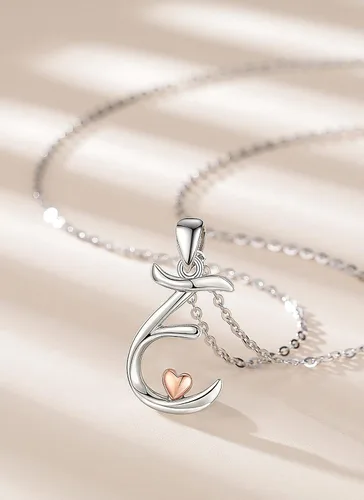 Miniatura 2 de CELESTIA Collares con iniciales de plata de ley 925, 26 letras con corazón de oro rosa, cadena de 18 pulgadas