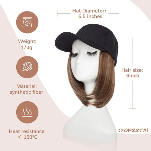 Miniatura 3 de SEGO Gorra de béisbol con extensiones de cabello para mujer, resistente al calor, sintético, 6 pulgadas, ajustable, corta, recta, peluca de repuesto