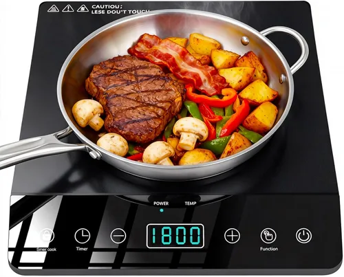 Placa de inducción de quemador único, cocina de inducción portátil certificada ETL de 1800 W, bobina de calentamiento grande de 8 pulgadas, 12