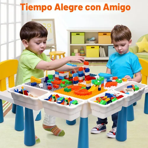 Miniatura 4 de Arscniek Mesa de actividades para niños pequeños 7 en 1, juego de mesas de actividades y sillas con 152 bloques de construcción grandes de mármol