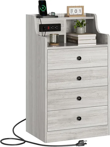 Miniatura 10 de ADORNEVE Mesita de noche grande con estación de carga, mesita de noche negra para dormitorio, mesa auxiliar alta con aparador y 4 cajones, mesa