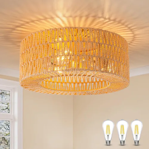 Miniatura 9 de SineRise Lámparas de techo de ratán (30 cm, bombilla LED incluida), lámpara de techo de montaje empotrado tejida a mano estilo bohemio, lámpara