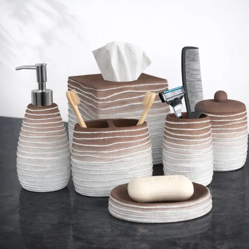 Juego de accesorios de baño Decozen de 6 piezas – Dispensador de jabón, soporte para cepillo de dientes, vaso, jabonera y frasco para hisopos de