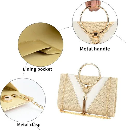 Miniatura 6 de GripIt Bolsos de paja para mujer bolso de playa bohemio tejido con borla para novia bolso de mano para mujer bolso de verano con asa superior
