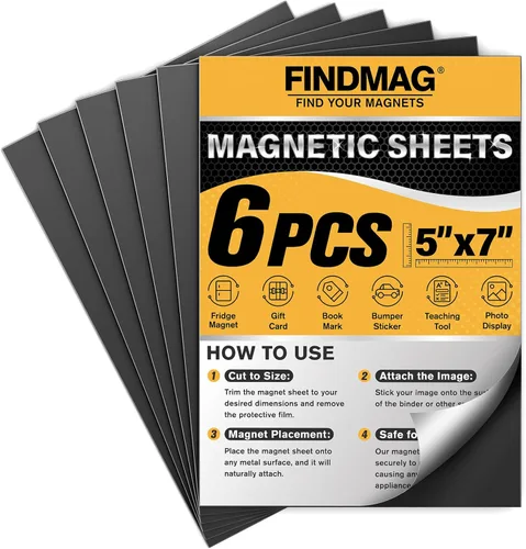 FINDMAG Hojas adhesivas magnéticas, paquete de 6 tiras magnéticas flexibles de 5 x 7 pulgadas con respaldo autoadhesivo, hojas para cortar y