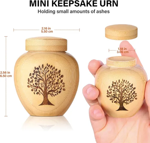 Miniatura 2 de Pequeños Juegos de Urnas para Cenizas Humanas, Conjunto de 1, Mini Urnas para Cenizas Hechas de Bambú con Patrón de Árbol de la Vida Grabado, Mini