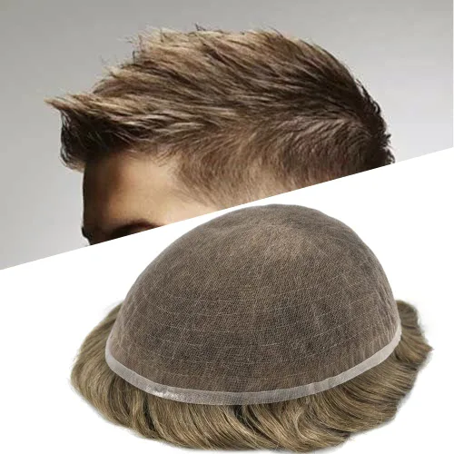 Miniatura 25 de Toupee para hombres Piezas de cabello humano real, encaje francés completo para hombres, pieza de cabello, nudos blanqueados, línea capilar natural