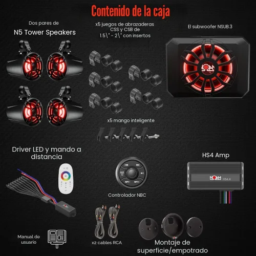 Miniatura 2 de NOAM NUTV5-S Quad PRO - Kit de sistema estéreo marino ATV/carrito de golf/UTV, con 4 altavoces de torre de luz LED impermeables, subwoofer