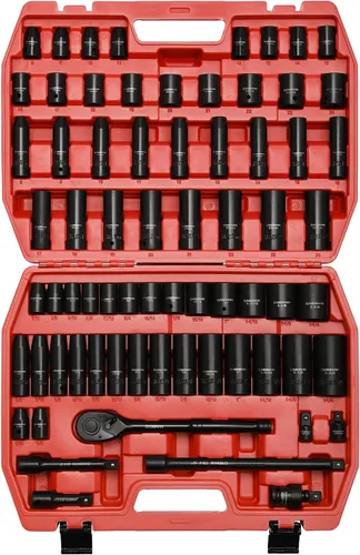 CASOMAN Juego maestro de llaves de impacto de 70 piezas de 1/2 pulgada, SAE y métrico de 5/16"-1-1/4", 0.315-0.945 in, zócalo poco profundo/profundo