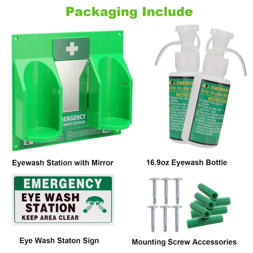 Miniatura 6 de Estación portátil de lavado de ojos aprobada por OSHA - Montada en pared, kit de botellas de enjuague de emergencia para ojos, 16oz sin solución