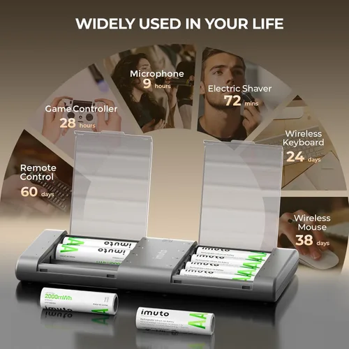 Miniatura 6 de imuto Baterías recargables AA con cargador, baterías de litio AA de 2000 mAh, paquete de 8, cargador de baterías de litio AA delgado de 8 ranuras