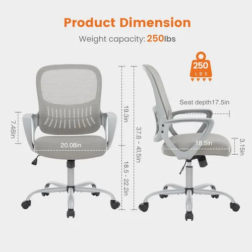 Miniatura 3 de Silla ejecutiva de oficina Sweetcrispy para gerente, ergonómica de malla ajustable, con respaldo medio giratorio y soporte lumbar cómodo, brazos Gris