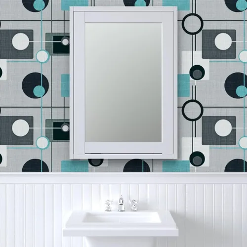Miniatura 9 de Papel tapiz para despegar y pegar – Orbs Squares Grey Aqua Black White Vintage Blue Retro Circles Papel pintado personalizado extraíble por