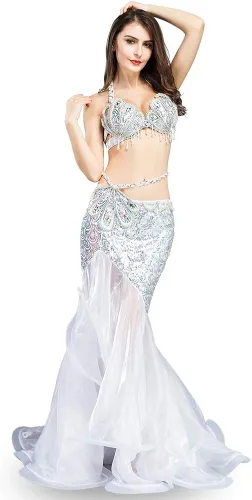 ROYAL SMEELA Disfraz de danza del vientre para mujer, falda de danza del vientre y sujetador de cola de sirena, ropa de rendimiento profesional