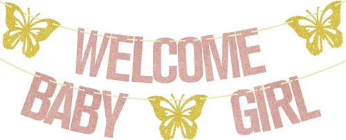 Cartel de bienvenida para niña, decoración de fiesta de baby shower con temática de mariposa, letrero de "It's a Girl", suministros para fiesta de