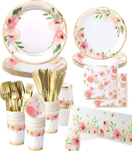 Platos y servilletas de papel florales para fiesta - Sirve para 16 - Platos florales Tazas florales Cuchillos Tenedores Decoraciones de baby shower