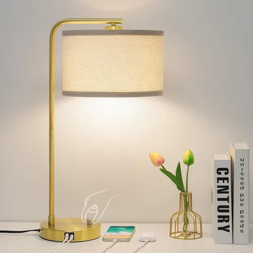 Miniatura 18 de Lámpara de mesita de noche Seaside village con puertos de carga USB C+A, lámpara de pie moderna de granja completamente regulable, lámpara de Roble