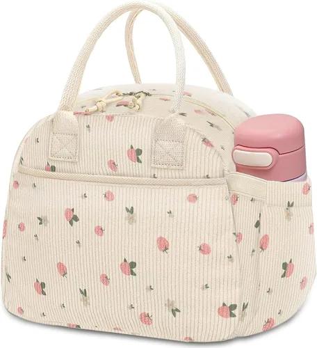 Miniatura 19 de Carry bloom Lonchera para mujer, lonchera aislada, bonita lonchera de pana reutilizable para el trabajo (1 rayas blancas y negras)