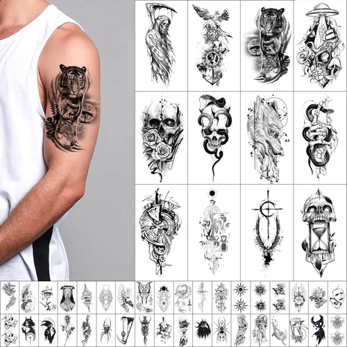 GLARYYEARS Tatuaje temporal para hombres, paquete de 48 12 tatuajes falsos grandes, 36 pequeños tatuajes falsos, calcomanías realistas de larga