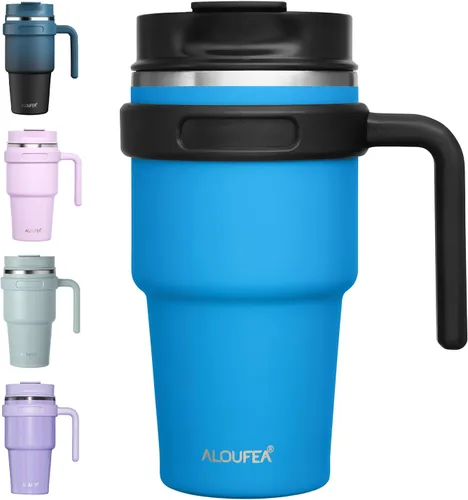 Miniatura 25 de Taza/vaso de café aislado de 20 onzas con asa, vaso de viaje de acero inoxidable con tapa y popote, vaso de doble pared con aislamiento al vacío a