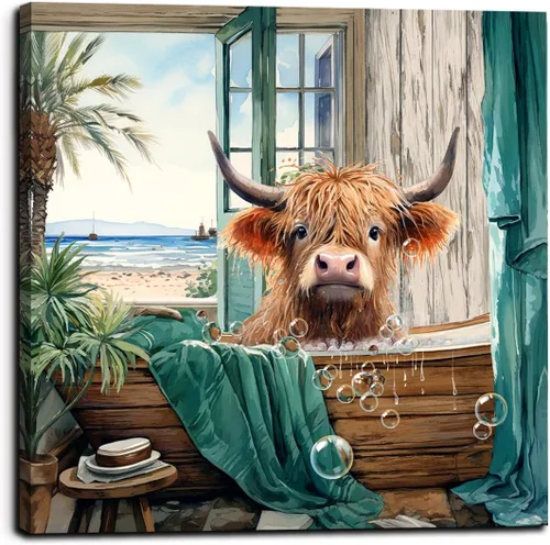 Miniatura 4 de LAIART Impresión en Lienzo para Baño Arte Decorativo de Pared Imagen de Bañera Verde Azulado Vista al Mar desde la Ventana Obra de Arte