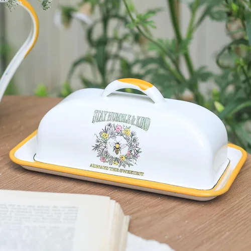 Mantequillera esmaltada con tapa de esmalte vintage con patrones de flores y abejas, soporte para mantequilla de granja, contenedor de mantequilla