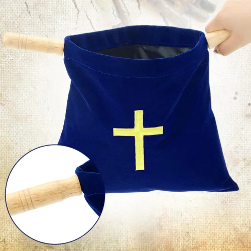 Miniatura 3 de Abbylike Bolsa de terciopelo para ofrendas de iglesia con asas de madera, bolsa de ofrenda religiosa de 10 pulgadas, bolsa de colección de iglesias