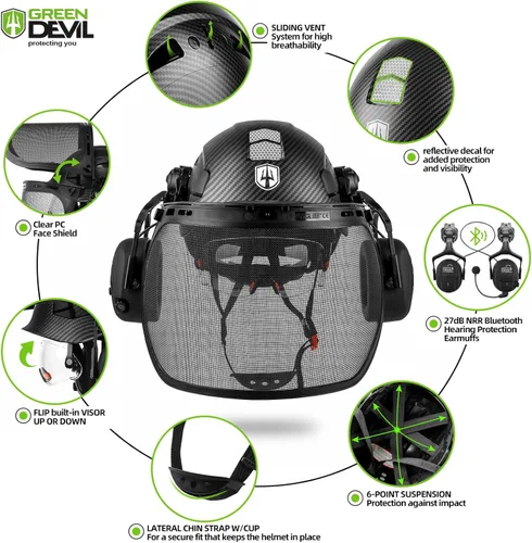Miniatura 2 de Casco de seguridad para motosierra forestal GREEN DEVIL con orejeras Bluetooth Casco de arborista Casco duro con visera incorporada Protector facial