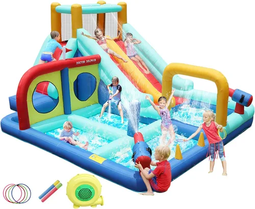 Miniatura 11 de Doctor Dolphin Casa de rebote para niños, casa inflable con tobogán, casa hinchable para niños, castillo hinchable para tobogán acuático inflable