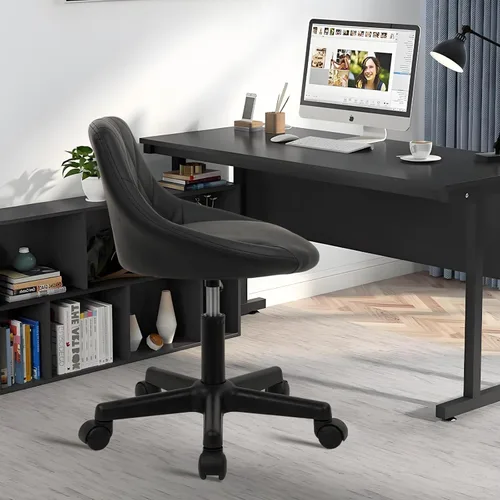 Miniatura 2 de KLASIKA Black Low Back Rolling Stool PU Leather Vanity Stools, Adjustable Height Ergonomic Swivel Rolling Desk Stool Work Office Swivel Chair