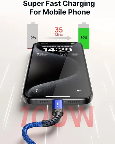 Miniatura 3 de JSAUX Paquete de 3 cables USB C a USB C de 100 W [6.6 pies+6.6 pies+6.6 pies] compatible con iPhone 17 Air 16 15 Pro Max Samsung Galaxy S25 S24 Azul